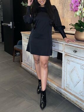 Banana Republic Black Mini Dress with Puff Sleeves Satin